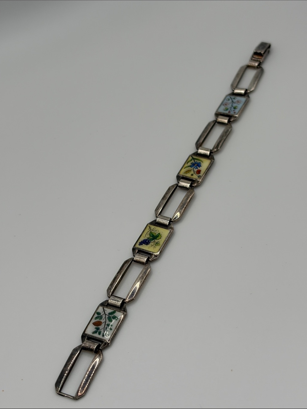 Vintage antique Norwegian Guilloché enamel 835 Silver Floral Tile Link Bracelet